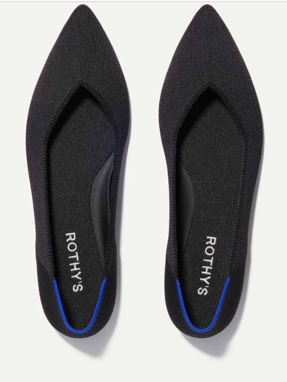 Rothy's Black Pointed-Toe Ballet Flats with Blue Trim